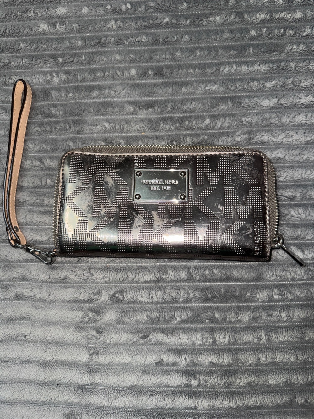 Michael Kors Metallic Black MK Logo Zip-Around Wristlet Wallet